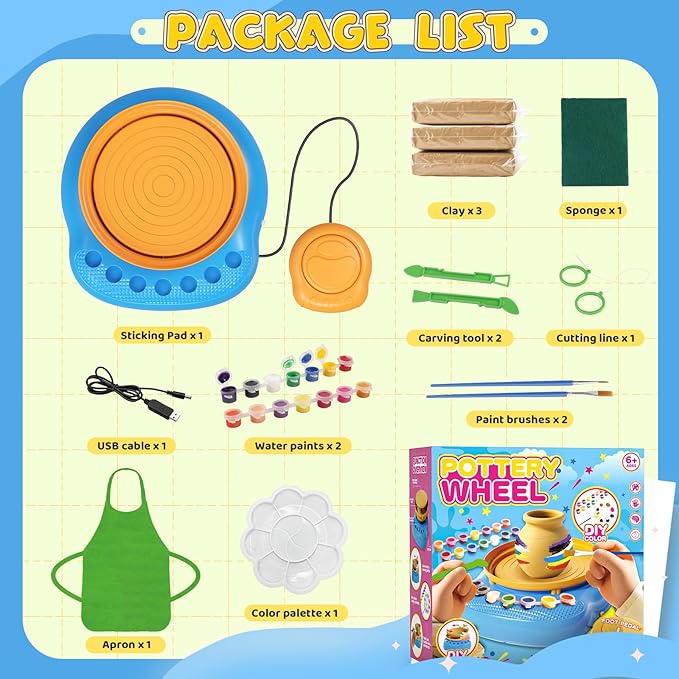 Pottery Wheel for Kids– Complete DIY Pottery Painting Kit for Ages 8-12 Beginners with 4 Air-Dry Clay Packs and Tools, Arts & Crafts Supplies Toys Birthday Gift for Boys Girls 6+ Years Old (Blue)