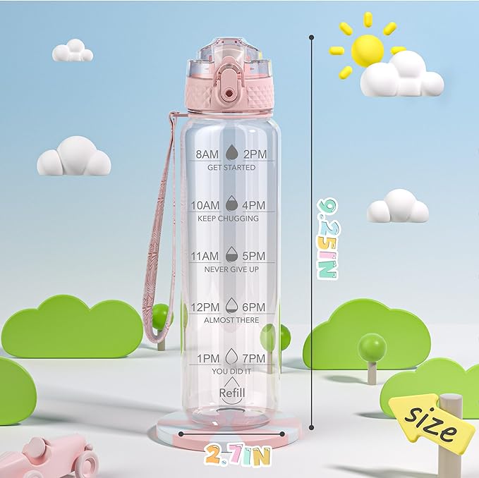 OLDLEY 17oz Kids Water Bottle for school Girls Boys, Motivational Water Bottles With Silicone Straw, Leak-Proof Tritan BPA-Free, Reusable water bottles for kids, Cherry Blossom