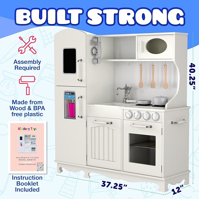 Wooden Play Kitchen for Toddlers & Kids – Pretend Kitchen Set with Sink, Oven, Stove, Microwave, Lights & 9 Accessories – Durable Wooden Kitchen Toy for Ages 3–8 – by Kiddery Toys