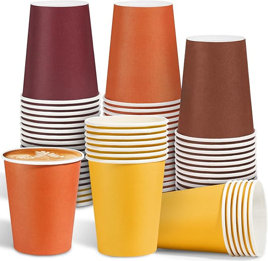 72 Pieces Thanksgiving Fall Paper Cups 9 Oz Disposable Coffee Paper Cups Autumn Party Cup Beverage Drinking Cup for Autumn Harvest, Party, DIY, and Picnic (Yellow, Orange, Brown, Dark Purple)
