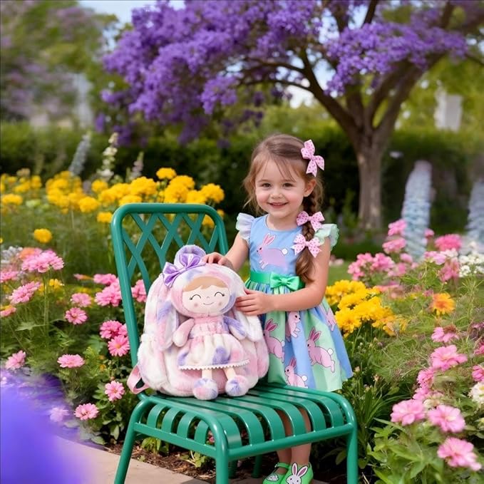 Gloveleya Back to School Gifts for Girls Backpack Plush Diaper Bag Detachabale Doll Tie-dye Purple and Soft Rabbit Design Aged 2+