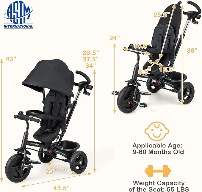 BABY JOY Tricycle, 6 in 1 Tricycle for Toddler w/Reversible Seat, Adjustable Canopy & Parent Handle, 5-Point Safety Belt, PU Wheels and Storage Basket, Push Tricycle for 9-60 Months (Black)