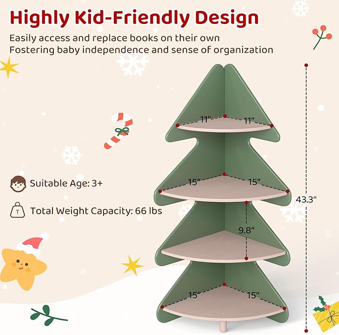 Tree Bookshelf for Kids, 4-Tier Montessori Corner Bookcase, Space-Saving Freestanding Storage Organizer for Books & Toys, Suitable for Kids Room, Playroom, Classroom, Nursery