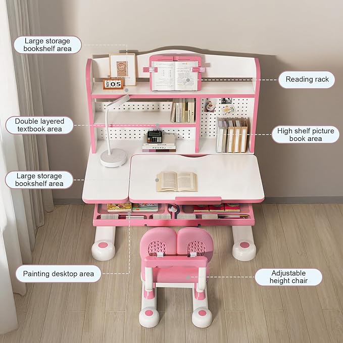 Kids Desk and Chair Set, Height Adjustable Study Table with Bookshelf & Storage Drawer, 0-50° Tiltable Desktop, Ergonomic Study Desk for Boys and Girls Ages 3-12 (Pink)