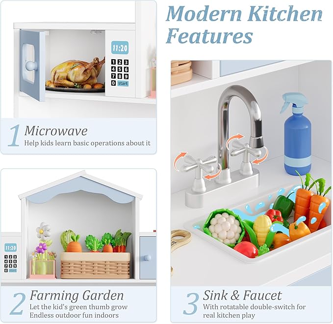 Keyluv Wooden Play Kitchen for Kids and Toddler, Montessori Toy Kitchen Playset with Plenty of Pretend Play Features and Storage Drawers, Gift for Boys and Girls, Blue