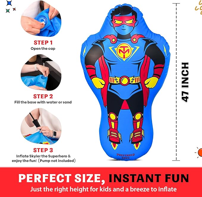 Inflatable Punching Bag for Kids – 47-Inch Bop Bag with Instant Bounce-Back Action, Includes Mask & Comic Book – Heavy Duty PVC Punching Dummy for Boys & Girls, Indoor & Outdoor Play