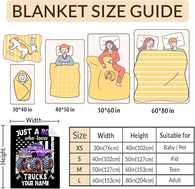 Personalized Truck Blanket for Kids Teens Boys - 40x50 Inches Cute Truck Throw Blanket Gifts for Truck Lovers - Custom Black Soft Fuzzy Car Stuff Decor for Couch Bed Sofa