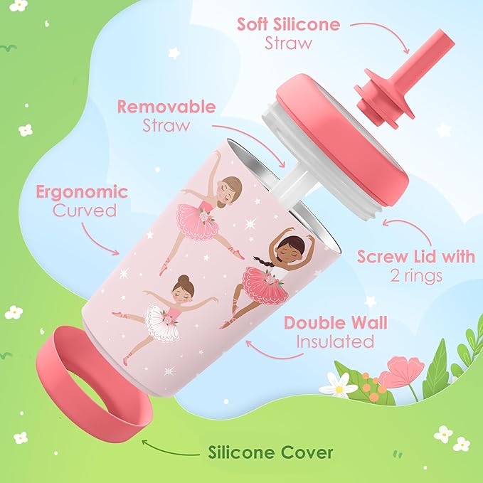 Kid Insulated Stainless Steel Tumbler with Silicone Straw, 12oz Sippy Cup for Kids (Pink Ballerina)