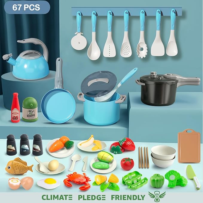 Bruvoalon 67Pcs Kids Play Kitchen Toys Set, Toddlers Pretend Cooking Playset Acccessories with Pots Pans, Utensils Cookware, Foods, Canned Veges, Learning Gift for Kids Girls Boys (Turquoise)