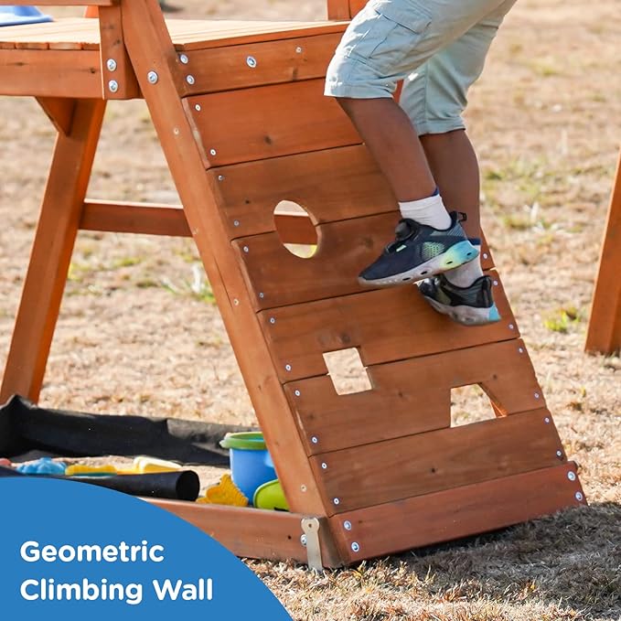 Dolphin Playground Wooden Swing Sets for Backyard with 6FT Slide, Outdoor Playset for Kids with Sand Pit, Climbing Wall, and 2 Belt Swings, Heavy Duty Playground Accessories, Ages 2-9