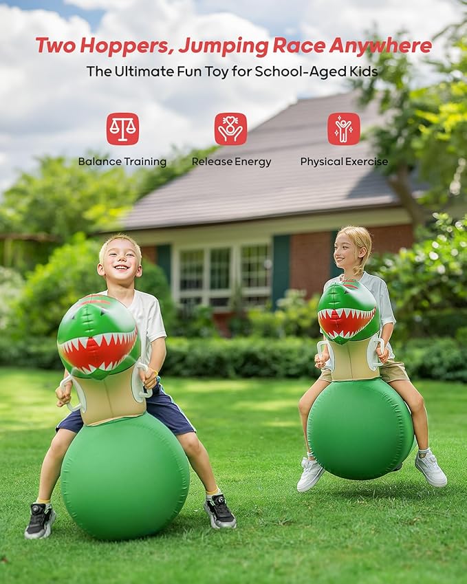 QPAU Inflatable Bouncy Dinosaur Toys 2 PCS with Hand Pump, Heavy Duty Giant Bouncy Pal, 220lbs Load Capacity, Ride On Bouncy Animal Hopper Toy, Indoor Outdoor Bouncers for Kids Girls Boys Ages 5+