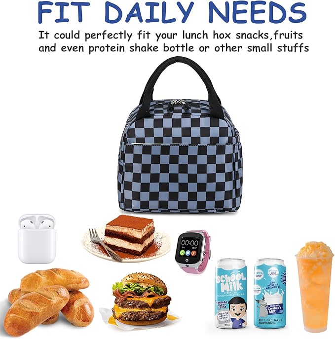 Lunch Box Kids Insulated Lunch Bag Large Reusable Leakproof Cooler Lunch Bags for Boys Girls School Travel Picnic (Gray Check)