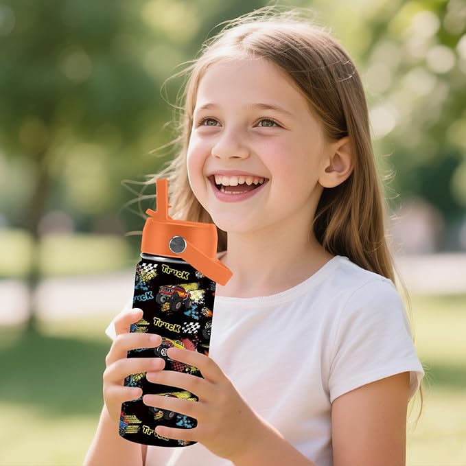 Truck Gifts for Kids - 16 Oz Kids Water Bottle with Straw Lid, Stainless Steel Insulated Tumbler, Leak Proof, BPA-Free, for Girls, School, Travel - Truck Lovers Children Birthday Gifts Cups(1pc)