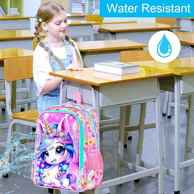 CCJPX 3Pcs Unicorn Backpack for Girls, 16” Kids Bookbag with Lunch Box, Water Resistant Elementary School Bag for Kindergarten Preschool Toddler (Pink)