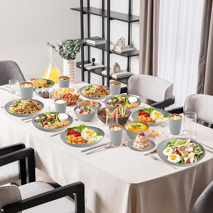 Wheat Straw Dinnerware Set 32 PCS, Dinner Plates,Dessert Plates, Drinking Glasses, Wheat Straw Bowls Set, Microwave and Dishwasher Safe Dishes Set for 8 for Outdoor, Camping, Picnic - Grey