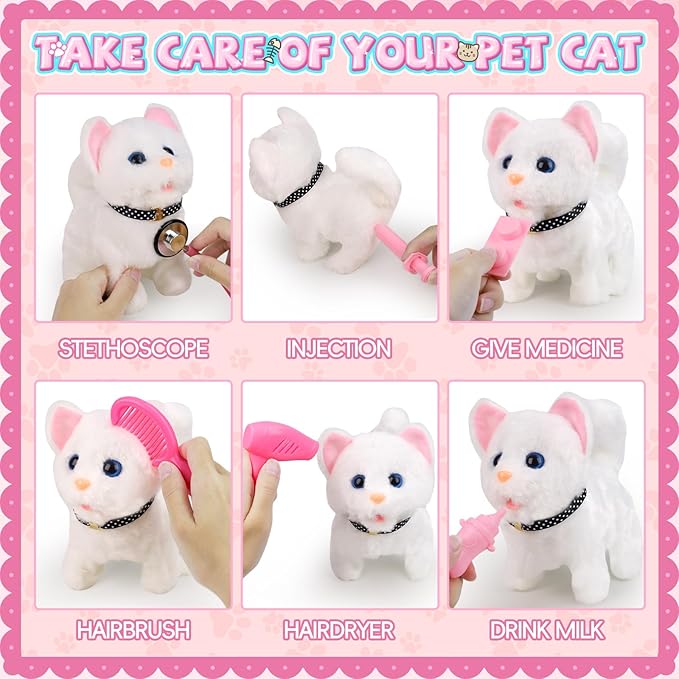 Doctor Kit for Girls, 27 Pcs Veterinarian Playset with Walking Cat Toy, Carrying Bag, Stethoscope & Dress Up Costume, Pretend Play Gift for Kids Toddlers Ages 3 4 5 6 Year Old