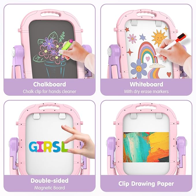 Easel for Kids, Toddler Art Easel Adjustable Standing, Magnetic Double Sided Easel with Painting Accessories, Birthday Gift for Girls Age 3+