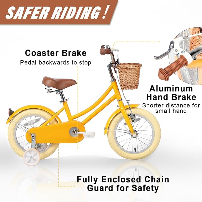 Glerc Little Molly 12-20 Inch Kids Retro Cruiser Bike for 2-13 Year Old with Wicker Basket & Training Wheels/Kickstand, Multiple Colors