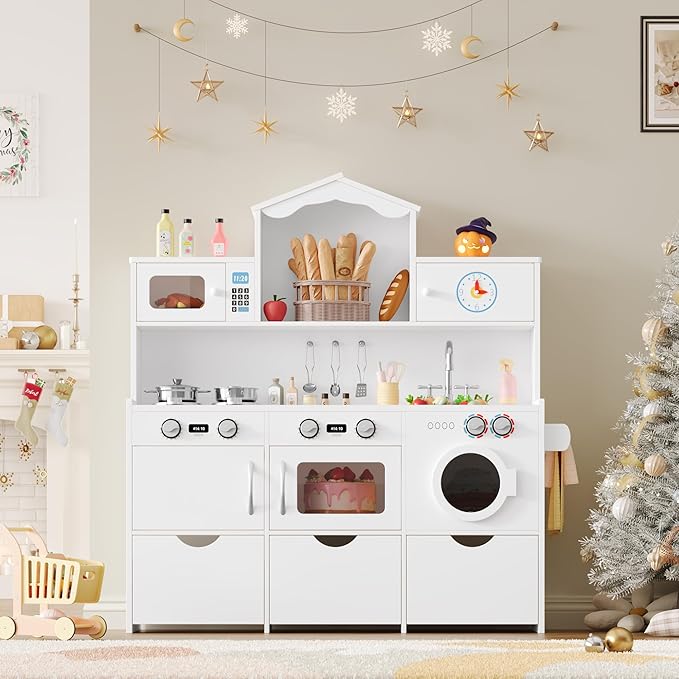 Keyluv Wooden Play Kitchen for Kids and Toddler, Montessori Toy Kitchen Playset with Plenty of Pretend Play Features and Storage Drawers, Gift for Boys and Girls, White