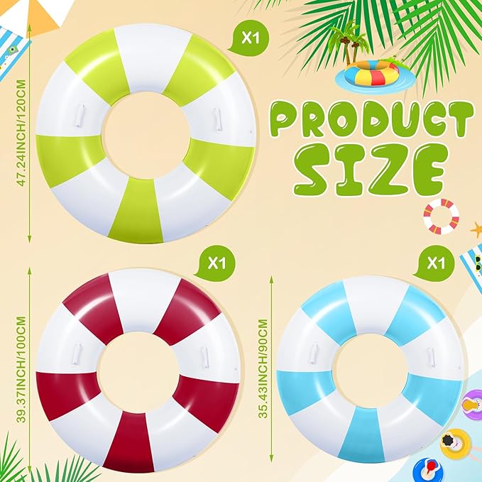 3 Pcs Large Swim Ring with Handles Set 47.24" 39.37" 35.43" Inflatable Pool Inner Tube Classic Striped Pool Ring Floats for Adults Teens Summer Lounger Beach Party Supplies