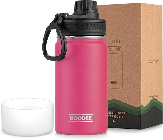 koodee Small 12oz Stainless Steel Vacuum Insulated Wide Mouth Water Bottle with Leakproof Spout Lid (Pink Red)