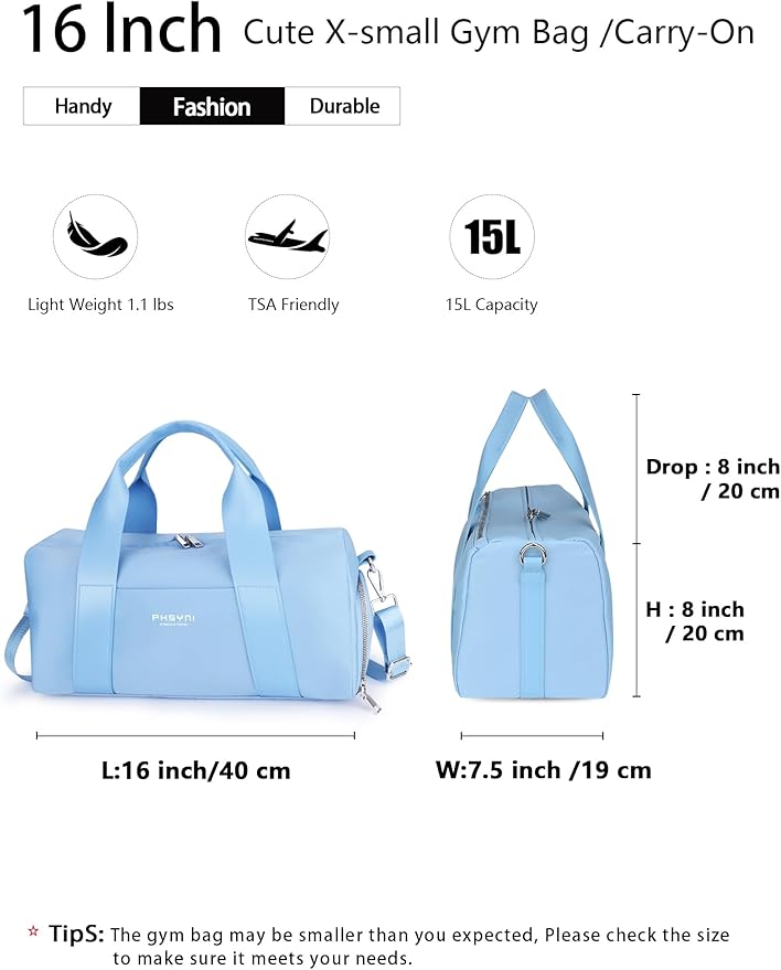 Compact Sports Gym Bag for Women, Cute Mini Duffle Bag with Wet Pocket & Shoes Compartment, Personal Item Travel Workout Bag, 16"- Small, Sky Blue