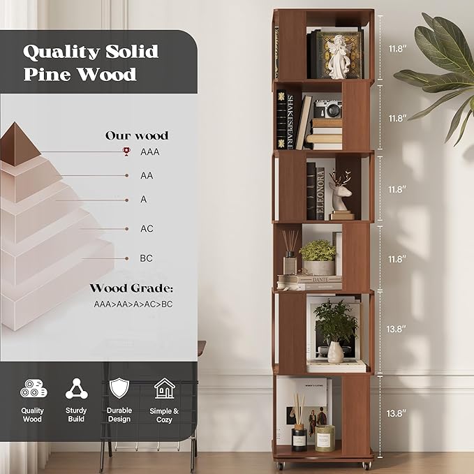 6 Tier Solid Wood Rotating Bookshelf Tower on Wheels, 360° Upgrade Spinning Book Shelf, Revolving Bookcase Organizer, Swivel Bookshelves for Small Spaces, Corner, Bedroom, Kids Room, Office (Walnut)