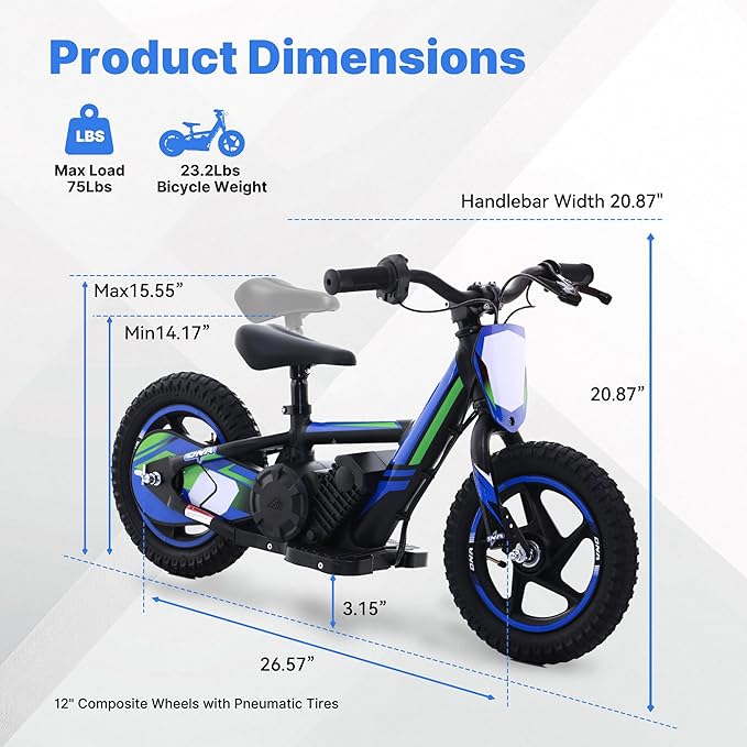 Lightweight Electric Dirt Bike for Kids, 170W Powerful Racing Grade Electric Motorcycle Up to 10MPH, 24V Detachable Battery, 12-Inch Off-Road Tires, Adjustable Seat - Ideal for Ages 3-6