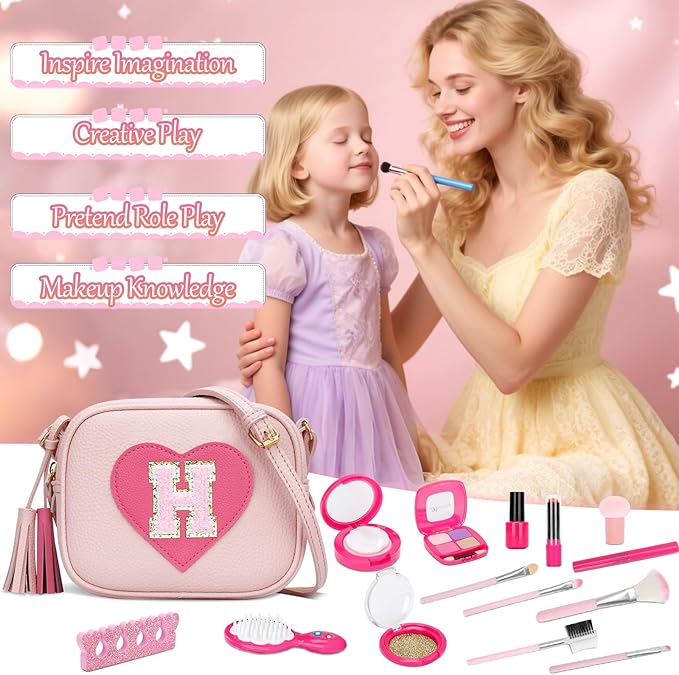 CBEE Kids Pretend Makeup Kit for Girls Non Toxic Make Up Toys Toddler Purse Personalized Gifts for 3 4 5 6 7 8 Year Old Girls (H)