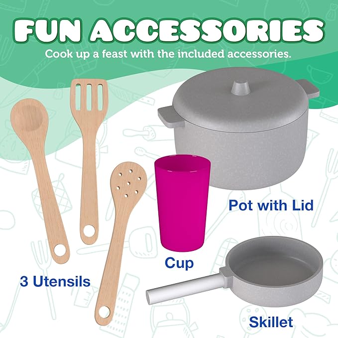 Wooden Play Kitchen for Toddlers & Kids – Pretend Kitchen Set with Sink, Oven, Stove, Microwave, Lights & 9 Accessories – Durable Wooden Kitchen Toy for Ages 3–8 – by Kiddery Toys