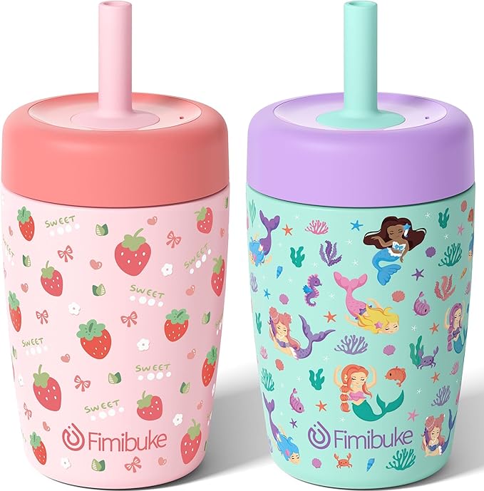 Fimibuke Kids & Toddler Cups Spill Proof, 12 OZ Insulated Sippy Cups for Toddlers Boys Girls, BPA-Free Toddler Straw Tumbler, Stainless Steel Kids Water Bottle with Twist Lids & Silicone Straw, 2 Pack