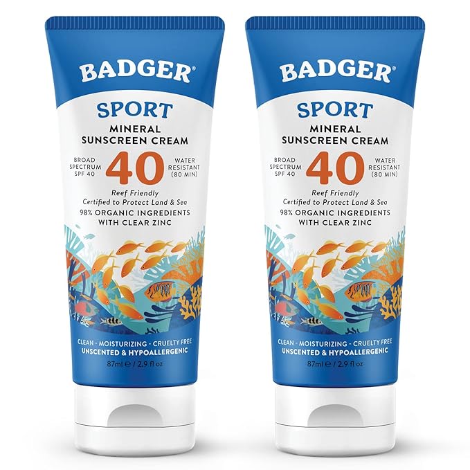 Badger Reef Safe Sport Mineral Sunscreen - Unscented SPF 40, 98% Organic, Water Resistant Zinc, Approved for Hawaii & Mexico Reefs, 2.9 fl oz, 2-Pack