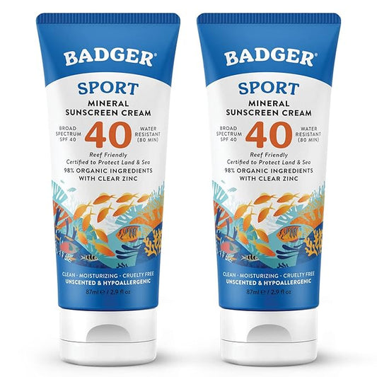 Badger Reef Safe Sport Mineral Sunscreen - Unscented SPF 40, 98% Organic, Water Resistant Zinc, Approved for Hawaii & Mexico Reefs, 2.9 fl oz, 2-Pack