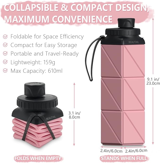 Collapsible Water Bottles, Silicone Foldable Water Bottle 610ml, Portable Lightweight Reusable Leakproof Bottle for Gym Travel Camping Hiking Sports Outdoor, 1 Pack (Pink)