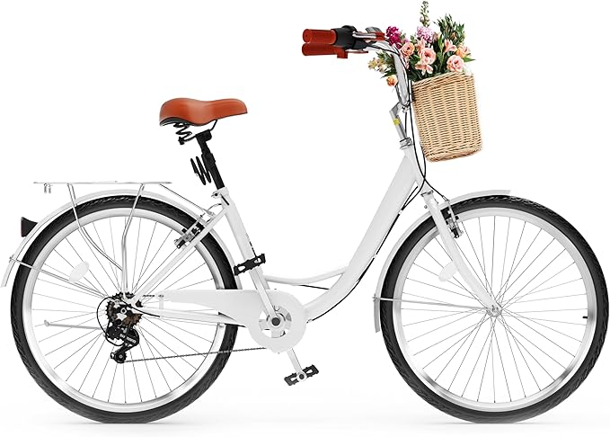 YITAHOME Beach Cruiser Bike for Women, 24 & 26 inch Commute Bike for Adults, 1 & 7 Speed Womens Bicycle with Basket Adjustable Seat, Multiple Color