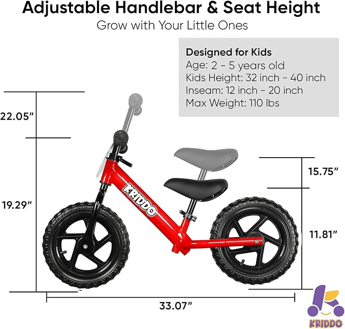 KRIDDO Toddler Balance Bike 2 Year Old, Age 18 Months to 5 Years Old, 12 Inch Push Bicycle with Customize Plate (3 Sets of Stickers Included), Steady Balancing, Gift Bike for 2-3 Boys Girls, Red