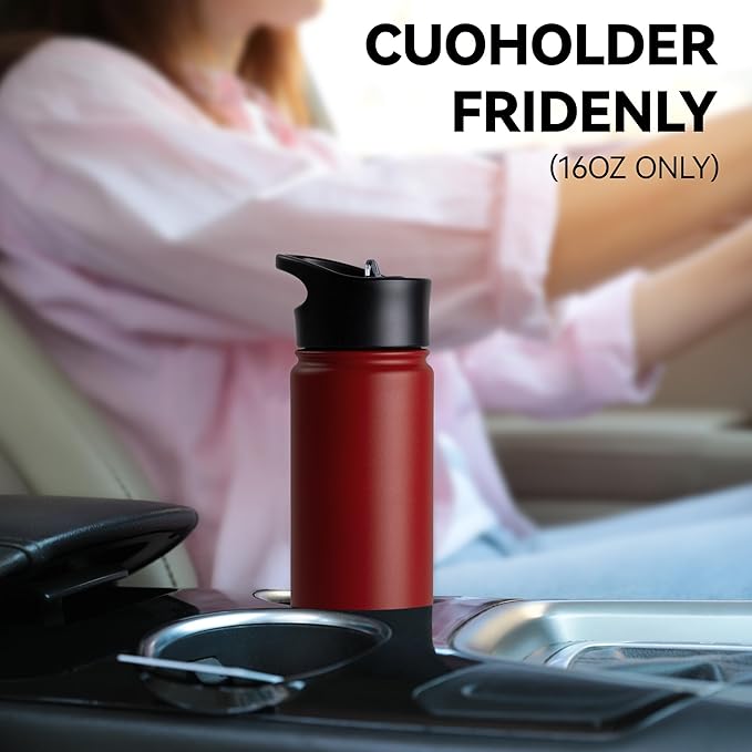 16 oz Insulated Water Bottle for School, Straw & Spout Lid, Keep Cold 24H, Spill Proof, BPA-Free, Double Wall Stainless Steel Kids Water Bottles for Sports, Gym, Travel, Red