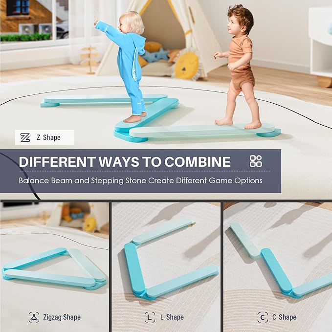 BlueWood Balance Beam for Kids 3-5, Toddler Sensory Wooden Toys and Stepping Stones, Build Coordination Gymnastics Obstacle Motor Skill for Kid