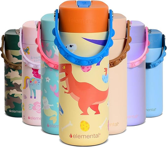 Elemental Insulated Kids Water Bottle, Stainless Steel Water Bottle with Straw Lid & Pop-It Handle, Leak-Proof Water Bottles for School, Boys or Girls, Travelling and Sports, 18oz - Dino Rage