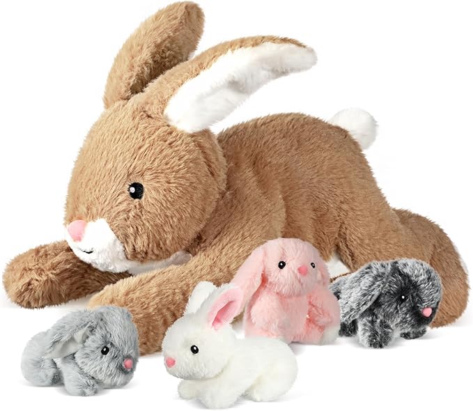 Syhood 5-Piece Bunny Stuffed Animal Set: Mommy Bunny Plush Doll with 4 Babies - Cute Fluffy Plush Rabbits for Huggable Sleeping, Holiday, Birthday Gifts