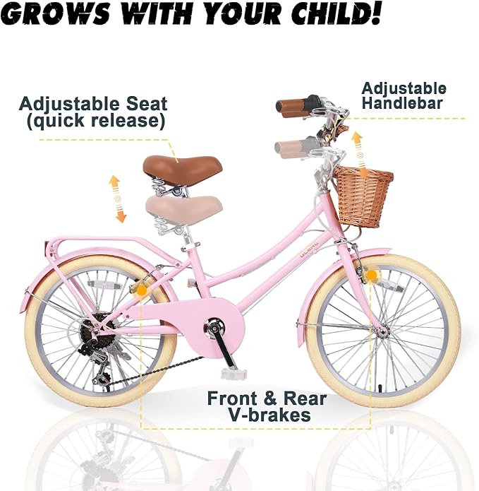 Glerc 20 24 26 Inch Beach Cruiser Bike, 6-Speed Hybrid City Bicycle for Girls Youth and Over 6 Years Old, Missy Bike with Wicker Basket & Lightweight, Multiple Colors