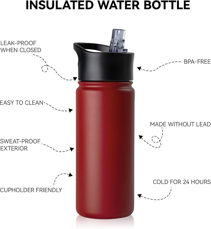 16 oz Insulated Water Bottle Bulk 4 Pack, Straw & Spout Lid, Keep Cold 24H, Spill Proof, BPA-Free, Double Wall, Stainless Steel Kids Water Bottles for School, Sports, Red