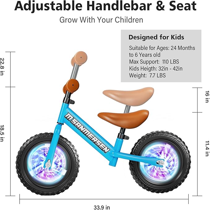 Colorful Lighting 12 Inch No Pedal Balance Bicycle Bike for Kids,Age 24 Months to 5 Years Old Lightweight Steady Balancing Bike with Adjustable Handlebar&Seat,Birthday Gift for 2 3 4 5 Year Old.