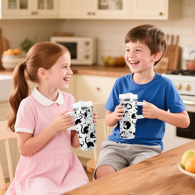 Cat Gifts for Kids - 14oz Cute Cow Cat Tumbler with Handle and Straw, Stainless Steel Insulated Water Cup, Leak Proof, for Sport, School, Travel - Cow Cats Lovers Children Birthday Gifts Cups(1pc)