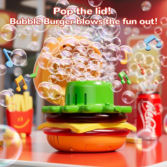 Burger & Cola Bubble Machine Combo W/Bubble Gun, 10 Bubble Solution Packs, Kids Automatic Bubble Blower Toy W/Music & Light, Handheld & Tabletop Bubble Maker, Gift for Birthday, Party Outdoor Fun