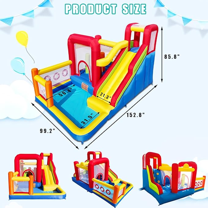 Bounce House, Inflatable Bounce Castle with Blower for Kids, Blow Up Jumping Bouncer with Slide, Climbing Wall, Obstacles, Trampoline, Ball Pit Pool for Indoor Outdoor