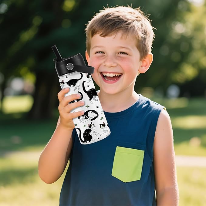 Cat Gifts for Kids - 16oz Cute Cow Cat Water Bottle with Straw Lid, Stainless Steel Insulated Tumbler, Leak Proof, BPA-Free, for Boys, Girls, School - Cow Cats Lovers Children Birthday Gifts Cups(1pc)