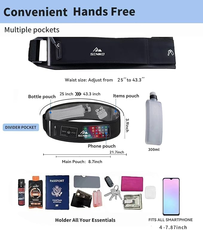 SENIKO Running Belt Hydration with Bottles,Fanny Pack Water Bottle Holder, Zipper Waist Pouch Fits Most phones,Zerobounce Design for Cycling Climbing Marathon (Combination Set)