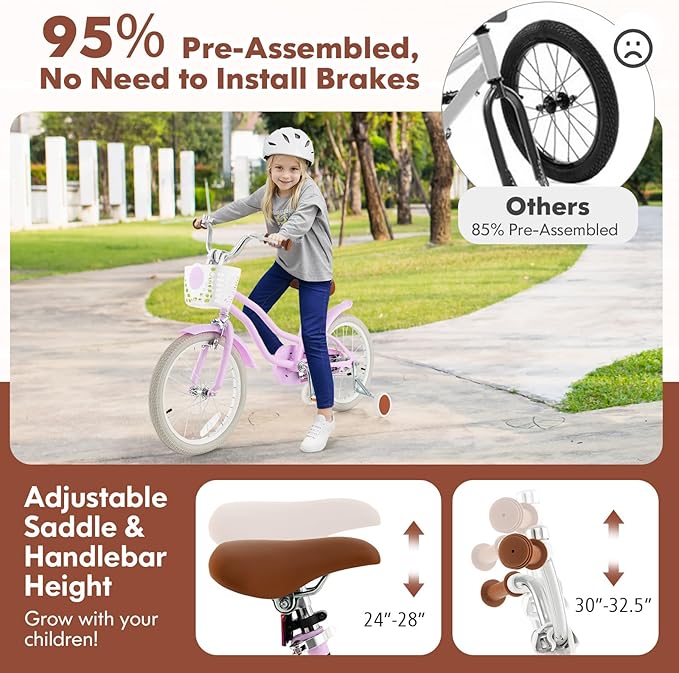 COSTWAY Kids Bike, 12 14 16 18 Inch Toddler Bike Children Bicycle w/Training Wheels, Hand & Coaster Brakes, Adjustable Saddle & Handlebar, Basket, Bell, Kids Bicycle for Girls Boys Aged 3-8 Years Old