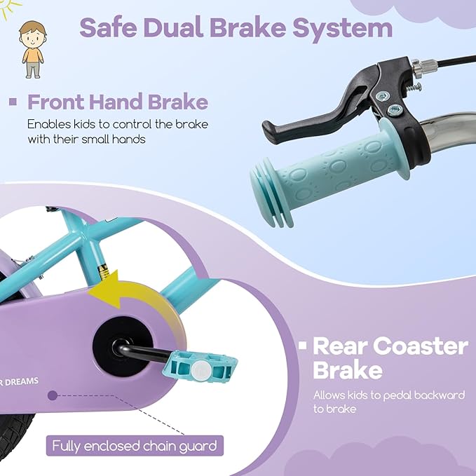 BABY JOY Colorful Macarons Kids Bike, 12 14 16 18 Inch Sporty Children's Bicycle with Training Wheels, Adjustable Handlebar & Saddle, Handbrake & Coaster Brake, Boys Girls Bike for 3-8 Years Old
